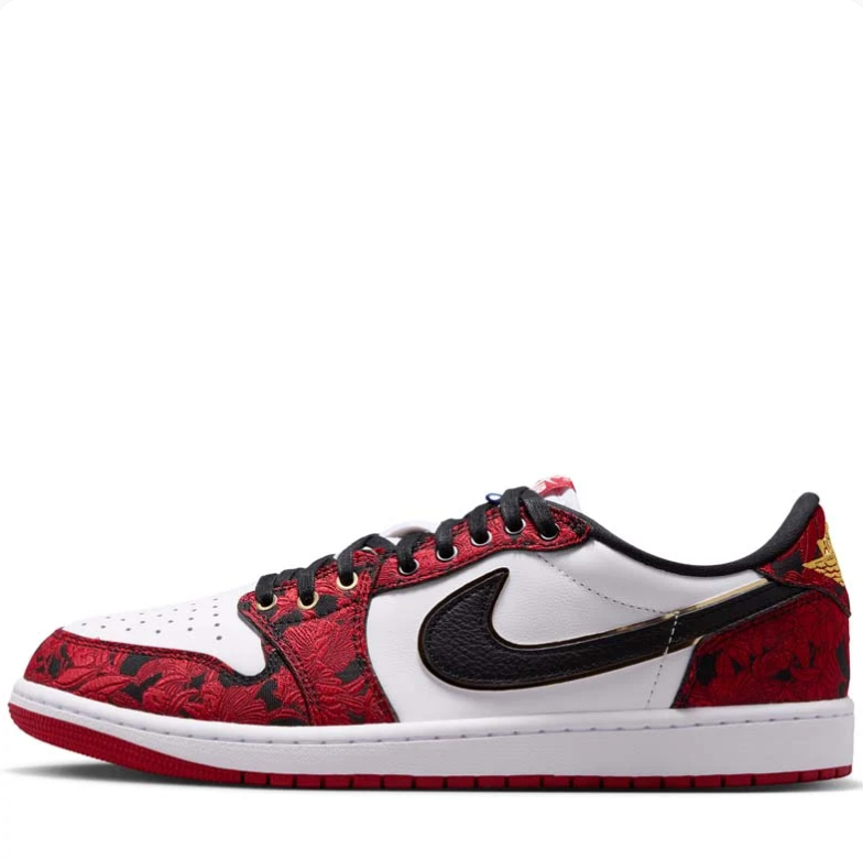 Air Jordan 1 Low Sneakers - Red Brocade, White & Black
