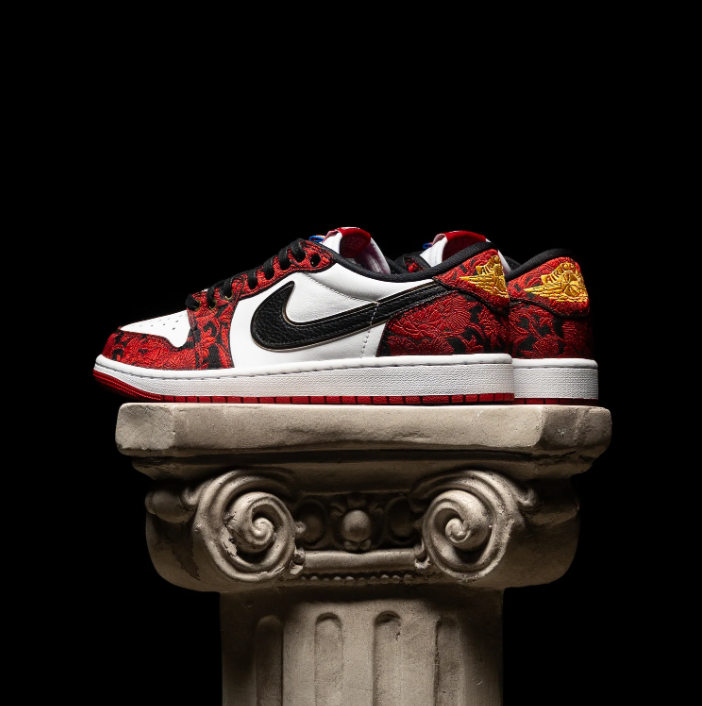 Air Jordan 1 Low Sneakers - Red Brocade, White & Black