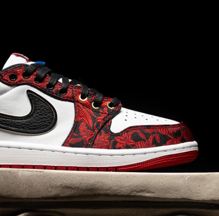Air Jordan 1 Low Sneakers - Red Brocade, White & Black