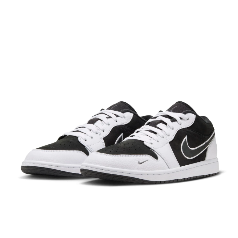 Air Jordan 1 Low Sneakers - Black & White with Outlined Swoosh