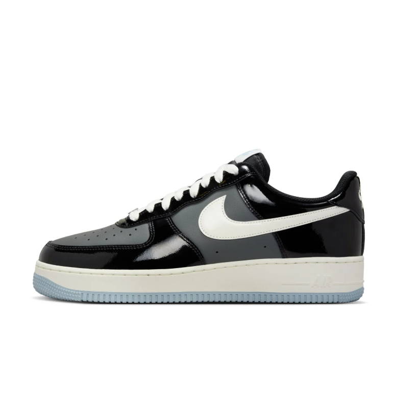 Nike Air Force 1 Low Sneakers - Glossy Black & Grey with Ice Blue Sole