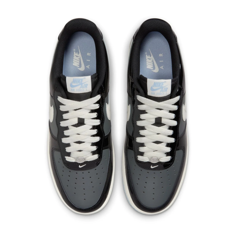 Nike Air Force 1 Low Sneakers - Glossy Black & Grey with Ice Blue Sole