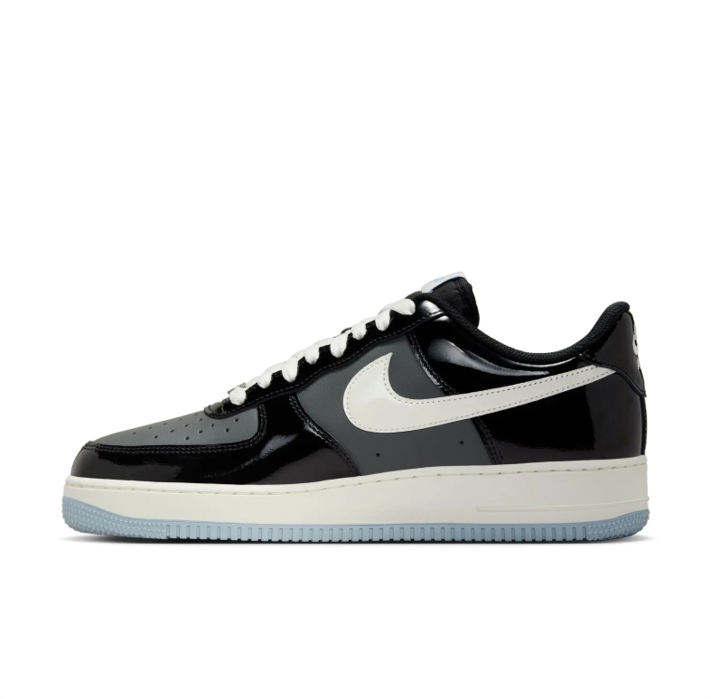 Nike Air Force 1 Low Sneakers - Glossy Black & Grey with Ice Blue Sole