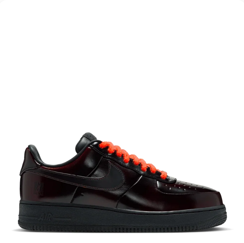 Nike Air Force 1 Low Sneakers - Glossy Burgundy-Black & Orange Laces