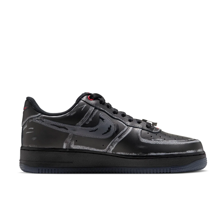 Nike Air Force 1 Low Sneakers - Distressed Black & Grey with Red Accents