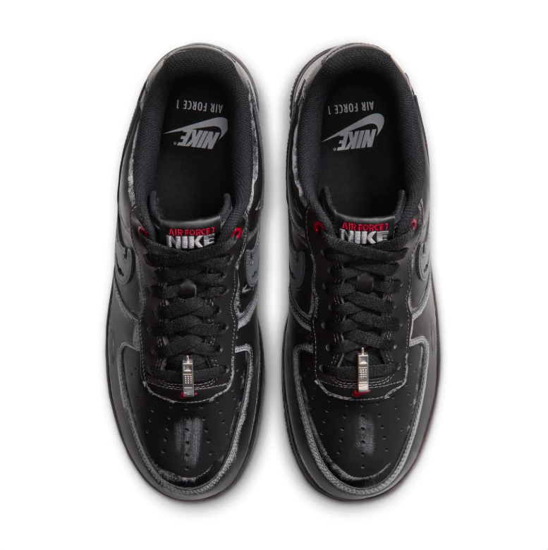 Nike Air Force 1 Low Sneakers - Distressed Black & Grey with Red Accents