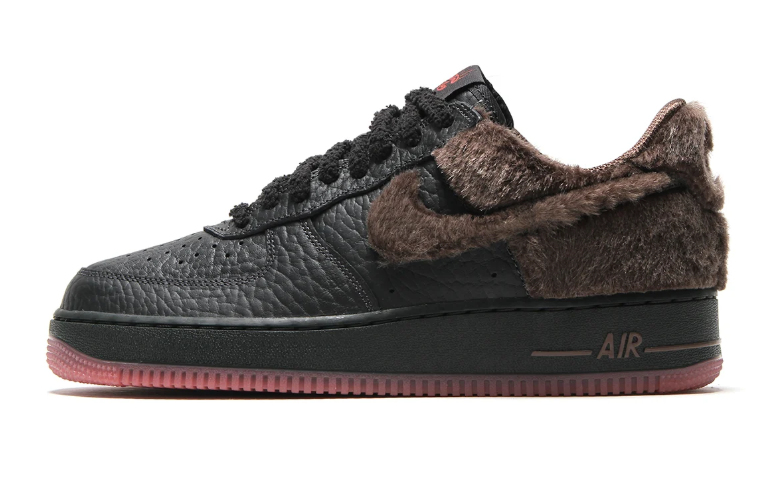 Nike Air Force 1 Low Sneakers - Black & Brown Shaggy Texture with Pink Sole