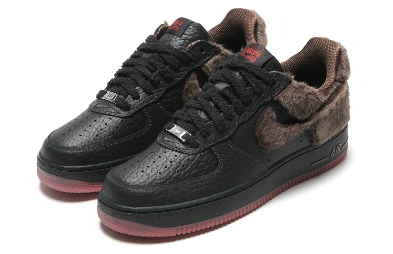 Nike Air Force 1 Low Sneakers - Black & Brown Shaggy Texture with Pink Sole