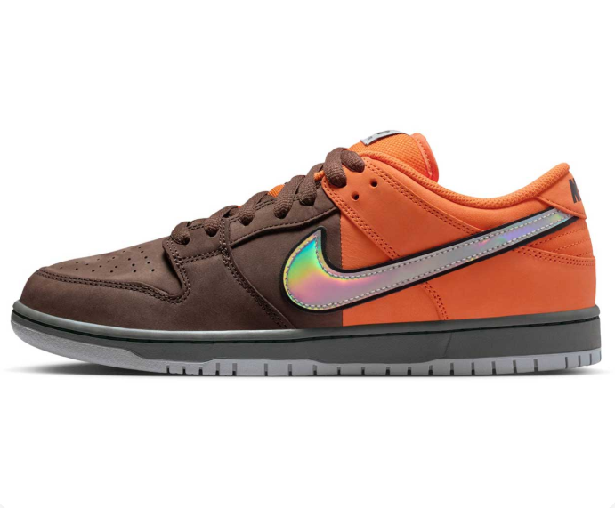 Nike SB Dunk Low Pro Sneakers - Brown & Orange with Iridescent Swoosh