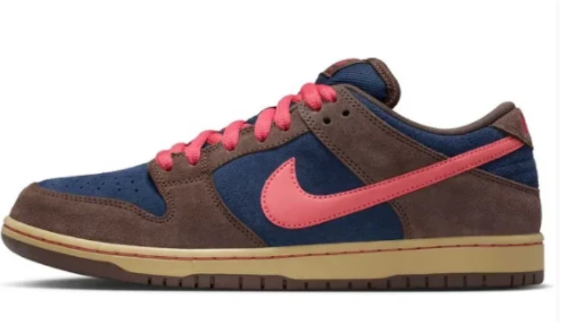 Nike SB Dunk Low Sneakers - Brown & Navy with Pink Swoosh