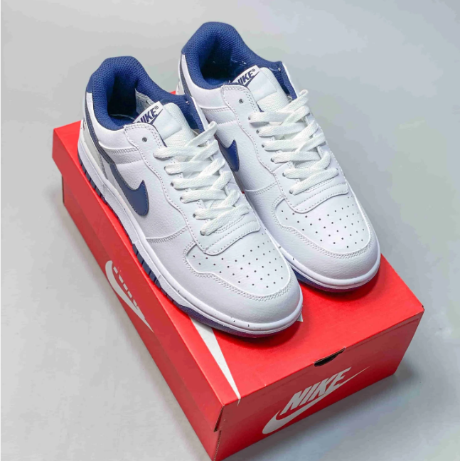 Nike Dunk Low Sneakers - White & Blue with Bold Heel Lettering