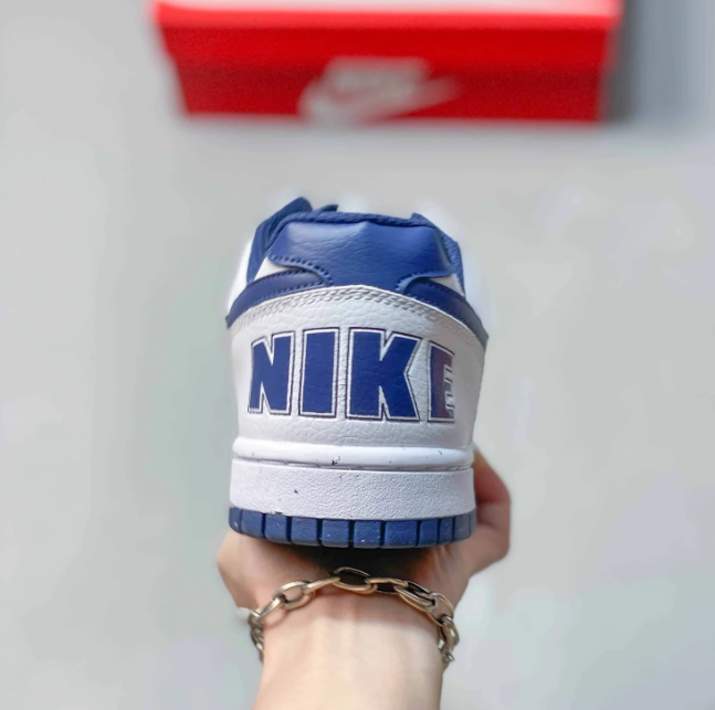 Nike Dunk Low Sneakers - White & Blue with Bold Heel Lettering