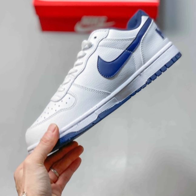 Nike Dunk Low Sneakers - White & Blue with Bold Heel Lettering