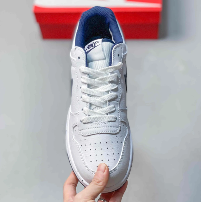 Nike Dunk Low Sneakers - White & Blue with Bold Heel Lettering