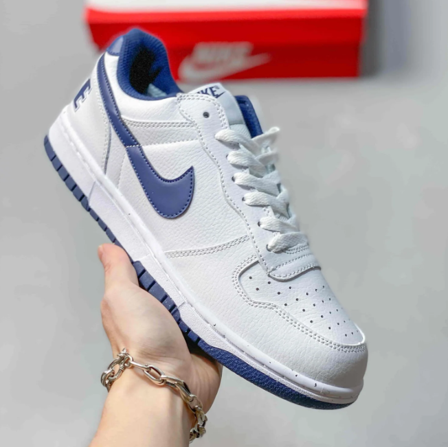 Nike Dunk Low Sneakers - White & Blue with Bold Heel Lettering