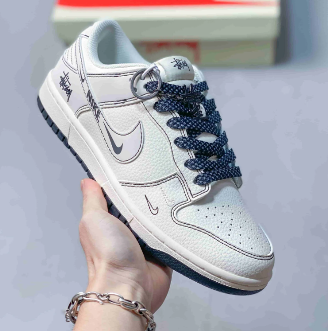 Nike Dunk Low Sneakers - White & Navy with Stüssy Branding