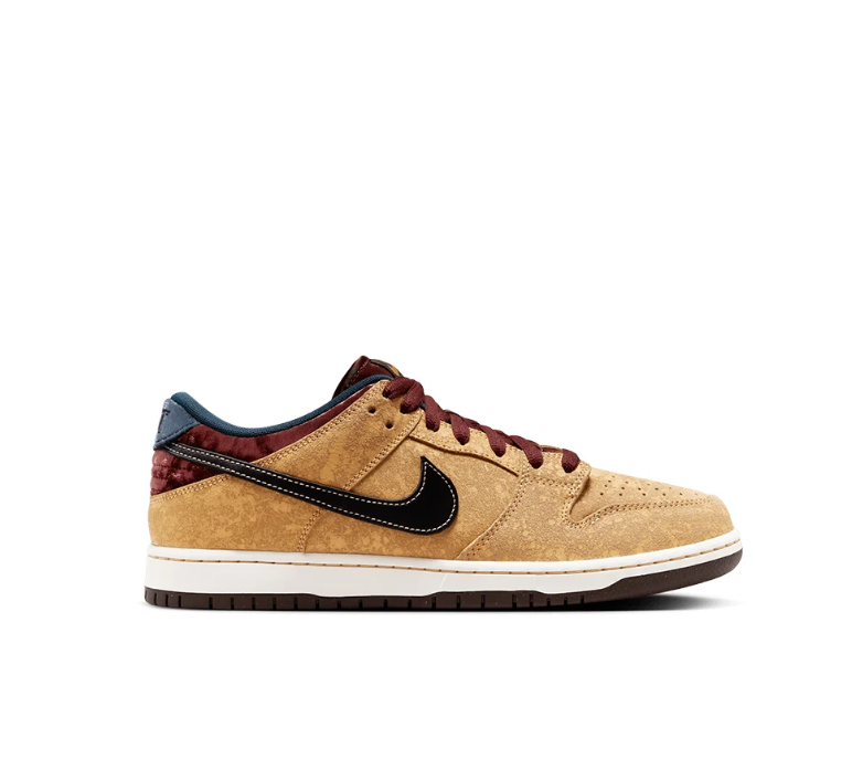 Nike SB Dunk Low Sneakers - Wheat Tan & Burgundy with Black Swoosh