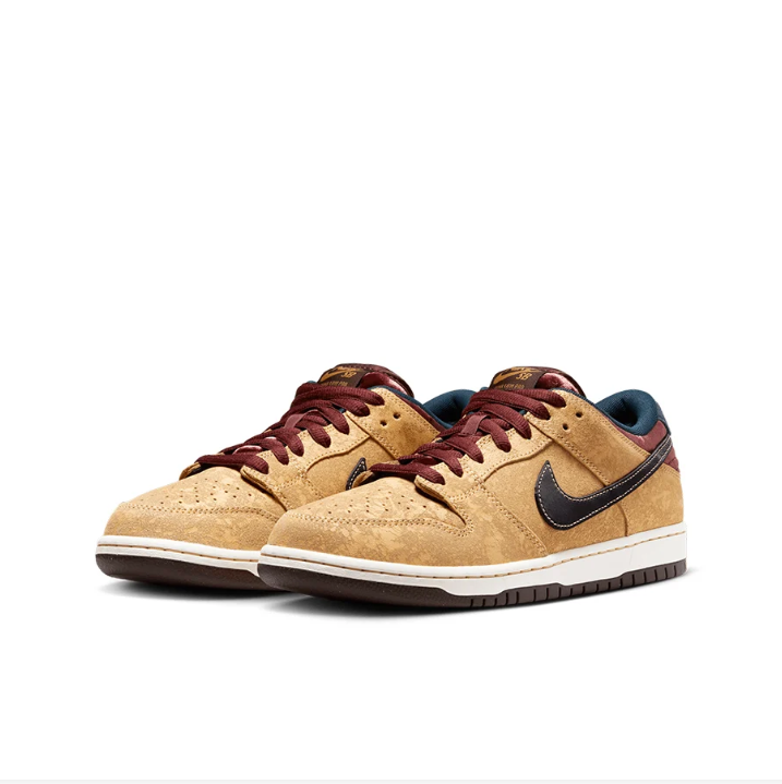 Nike SB Dunk Low Sneakers - Wheat Tan & Burgundy with Black Swoosh
