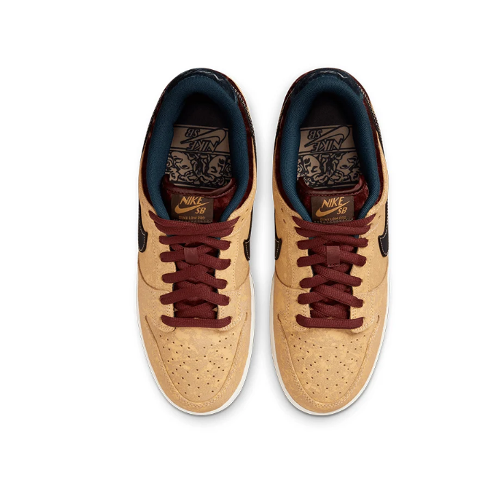 Nike SB Dunk Low Sneakers - Wheat Tan & Burgundy with Black Swoosh
