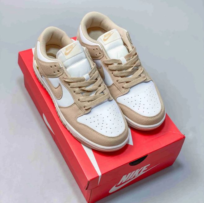 Nike Dunk Low Sneakers - White & Sand Beige with Gold-Tone Swoosh Detail