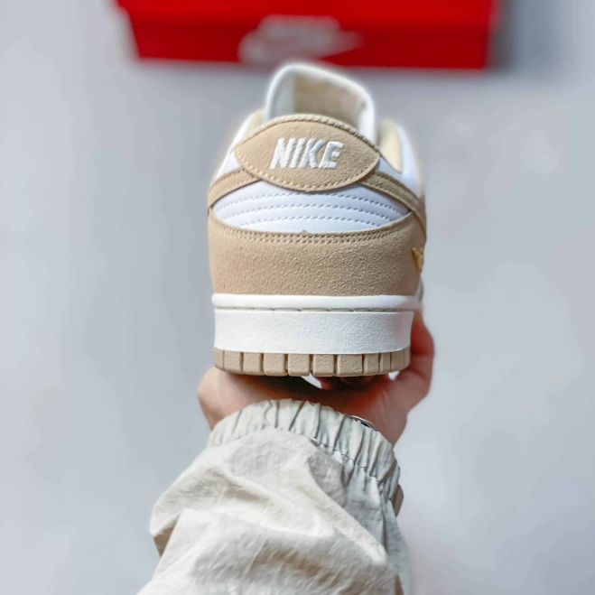 Nike Dunk Low Sneakers - White & Sand Beige with Gold-Tone Swoosh Detail