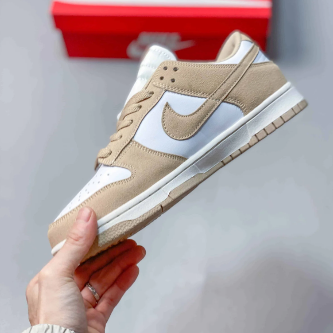 Nike Dunk Low Sneakers - White & Sand Beige with Gold-Tone Swoosh Detail