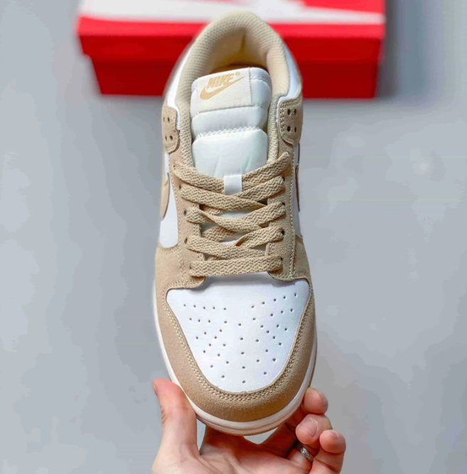 Nike Dunk Low Sneakers - White & Sand Beige with Gold-Tone Swoosh Detail