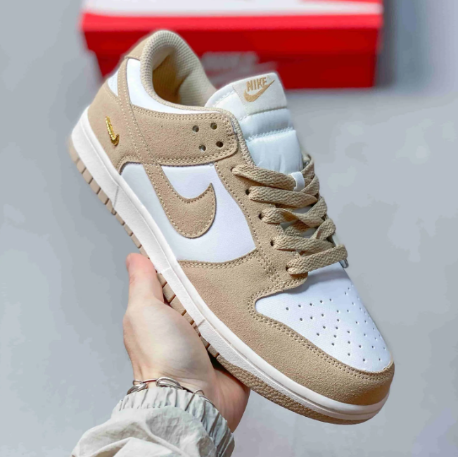 Nike Dunk Low Sneakers - White & Sand Beige with Gold-Tone Swoosh Detail