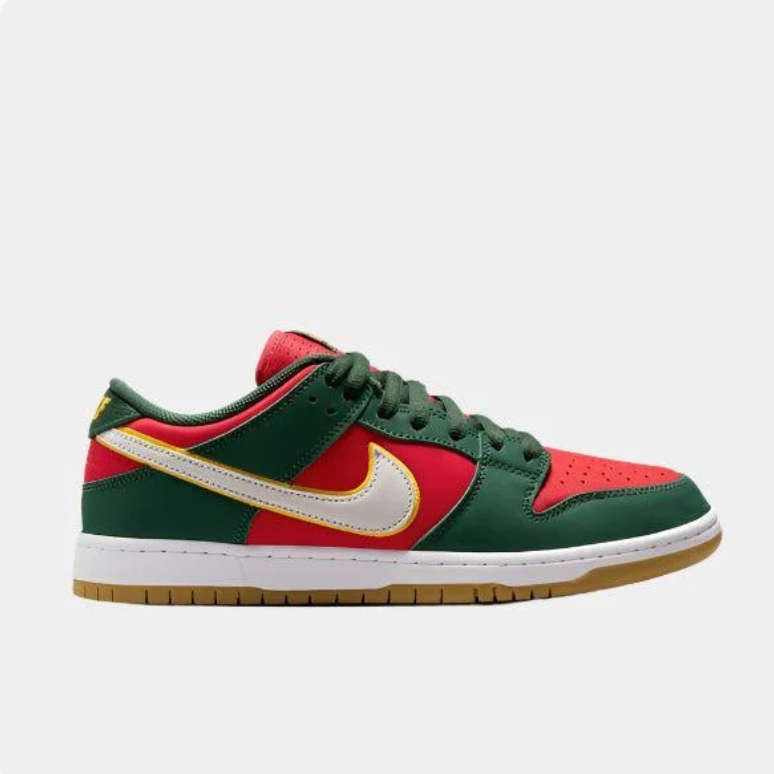 Nike Dunk Low Sneakers - Red & Dark Green with Gum Sole