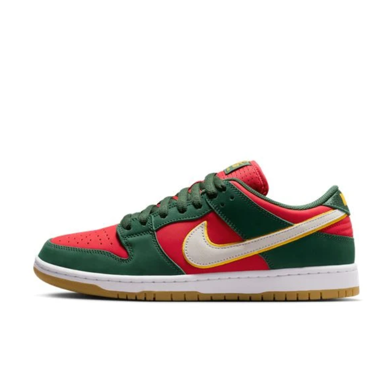 Nike Dunk Low Sneakers - Red & Dark Green with Gum Sole