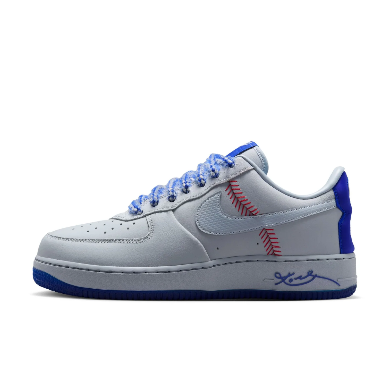 Nike Air Force 1 Low Sneakers - Light Grey & Blue with Red Stitch Details