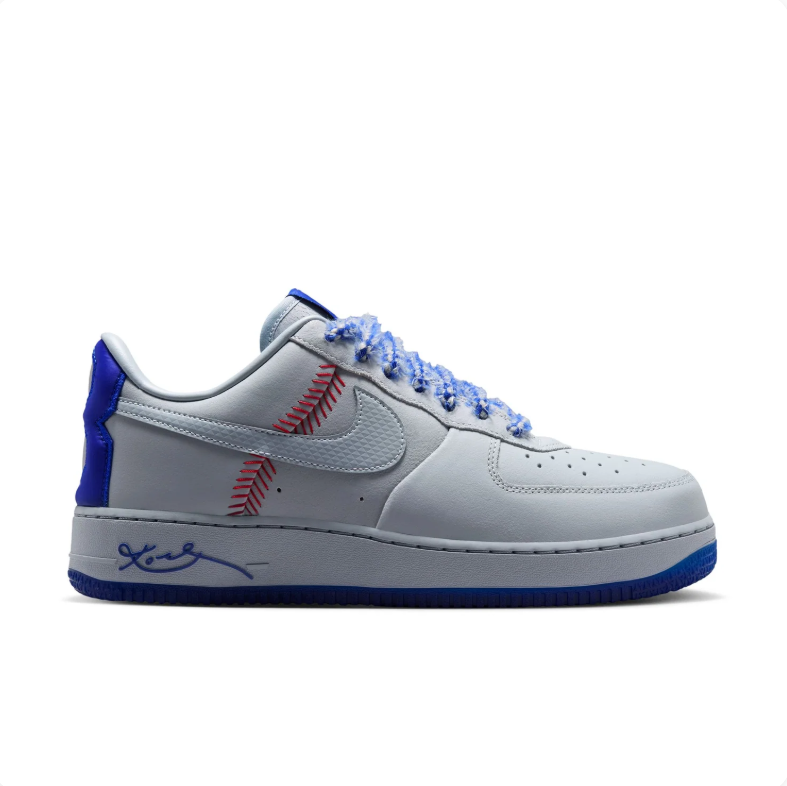 Nike Air Force 1 Low Sneakers - Light Grey & Blue with Red Stitch Details
