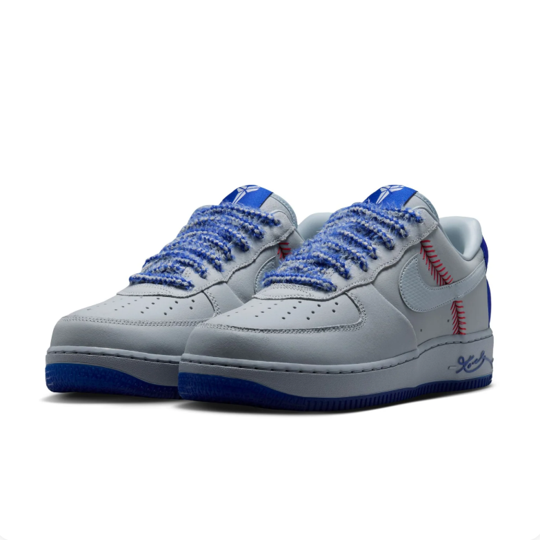 Nike Air Force 1 Low Sneakers - Light Grey & Blue with Red Stitch Details