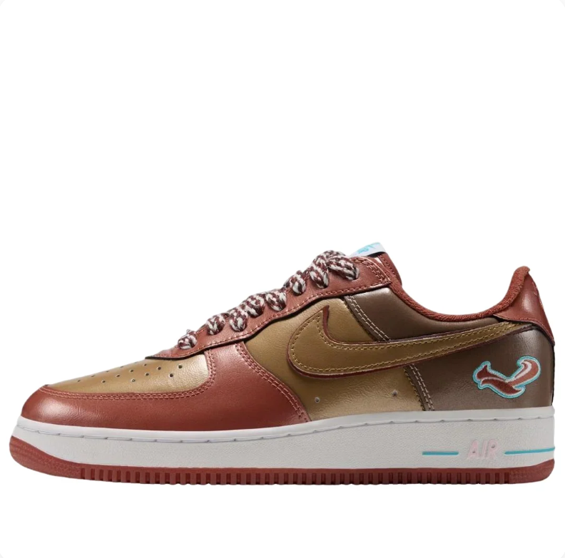 Nike Air Force 1 Low Sneakers - Reddish Brown & Tan with Turquoise Accents