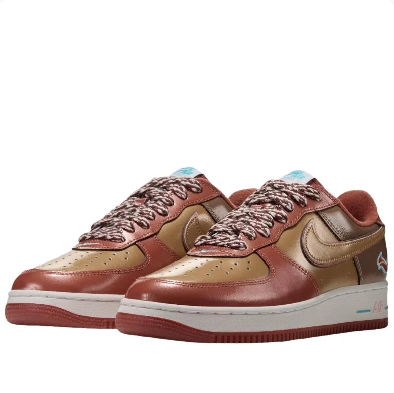 Nike Air Force 1 Low Sneakers - Reddish Brown & Tan with Turquoise Accents