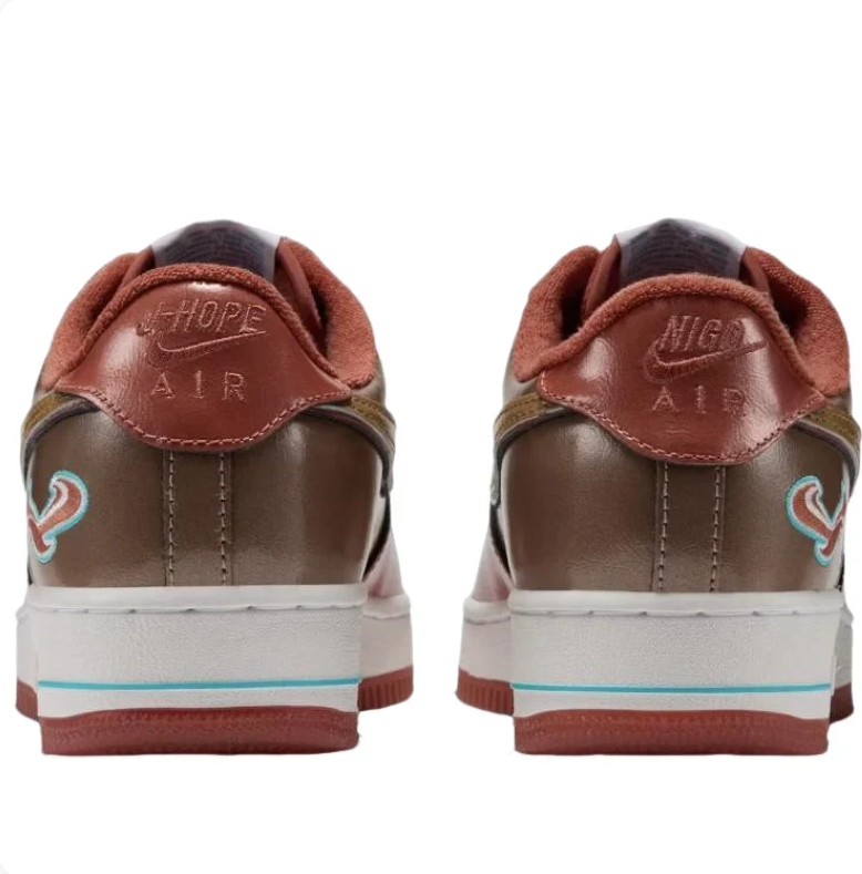 Nike Air Force 1 Low Sneakers - Reddish Brown & Tan with Turquoise Accents