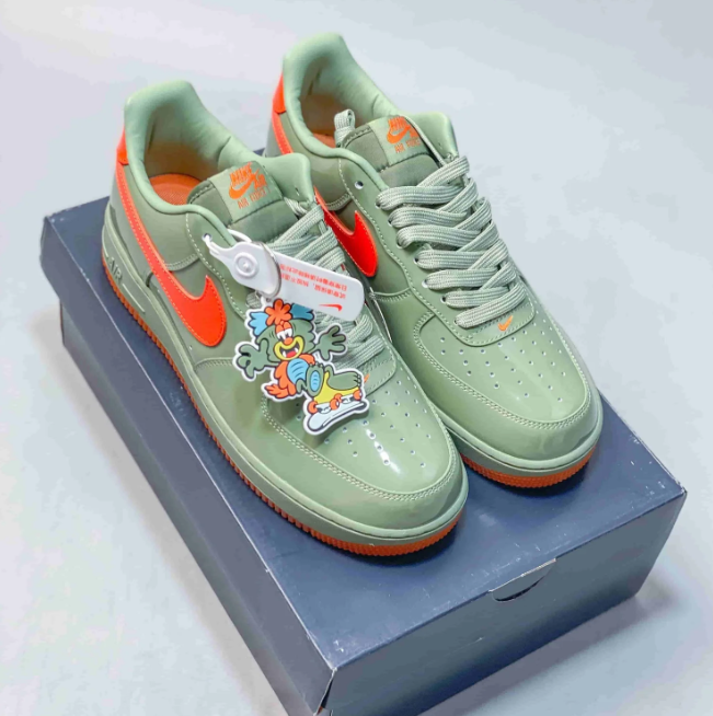 Nike Air Force 1 Low Sneakers - Glossy Sage Green & Bright Orange