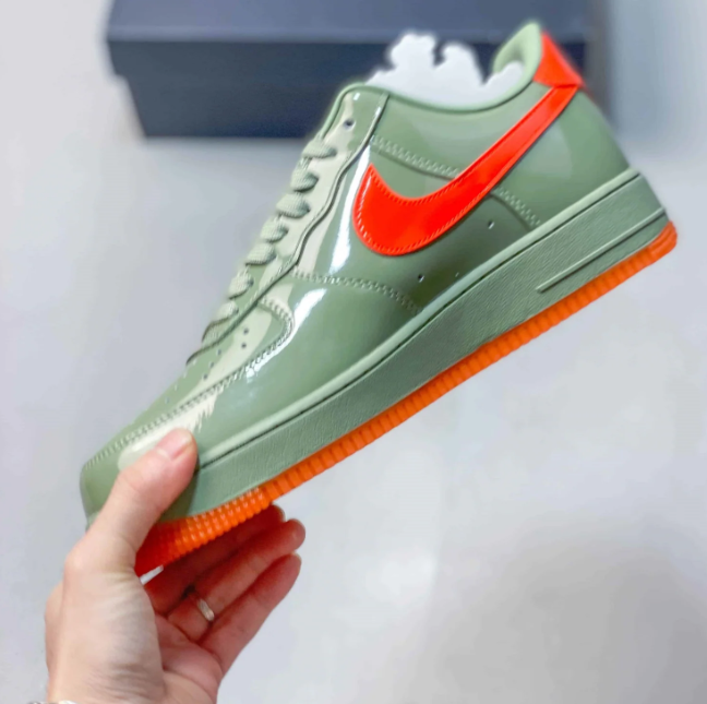 Nike Air Force 1 Low Sneakers - Glossy Sage Green & Bright Orange