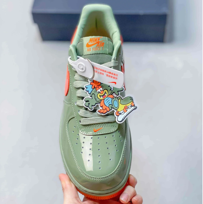 Nike Air Force 1 Low Sneakers - Glossy Sage Green & Bright Orange