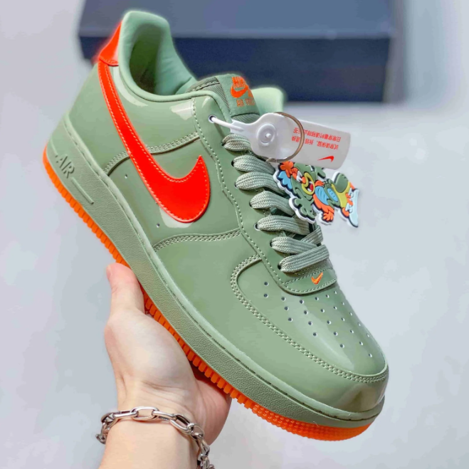 Nike Air Force 1 Low Sneakers - Glossy Sage Green & Bright Orange
