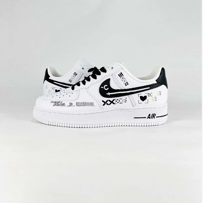 Nike Air Force 1 Low Sneakers - White & Black with Graphic Details